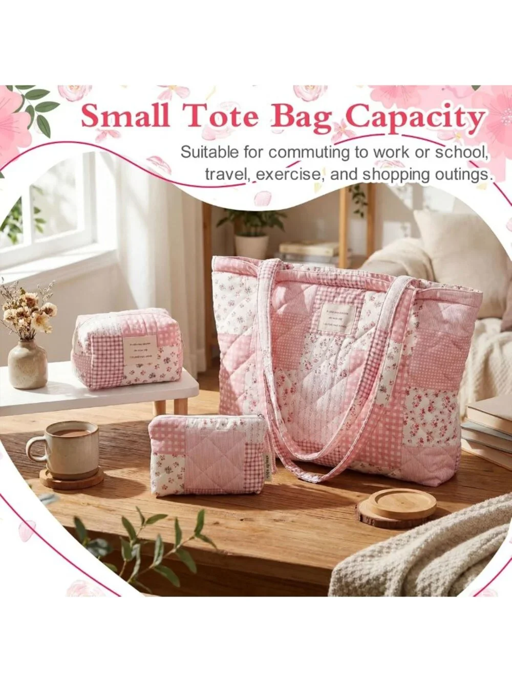 Floral Quilted Bag Set - 3 Pcs Cotton Shoulder Bags & Makeup Pouch for Travel